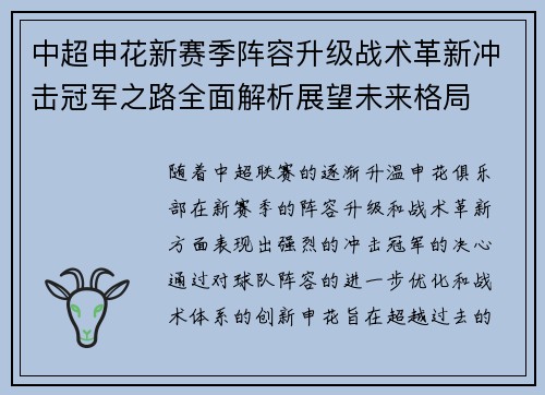 中超申花新赛季阵容升级战术革新冲击冠军之路全面解析展望未来格局
