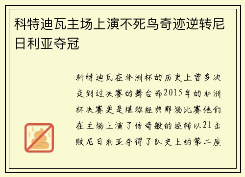 科特迪瓦主场上演不死鸟奇迹逆转尼日利亚夺冠