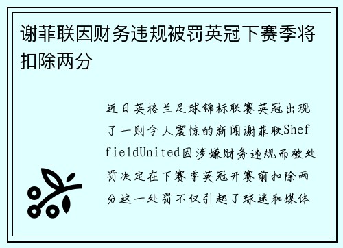 谢菲联因财务违规被罚英冠下赛季将扣除两分 谢菲联因财务违规被罚英冠下赛季将扣除两分